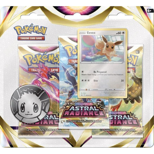 Get your sealed Astral Radiance 3-pack blister with exclusive Eevee promo card. Buy now from Pocket Market for authentic Pokémon TCG packs, fast shipping & top pulls.