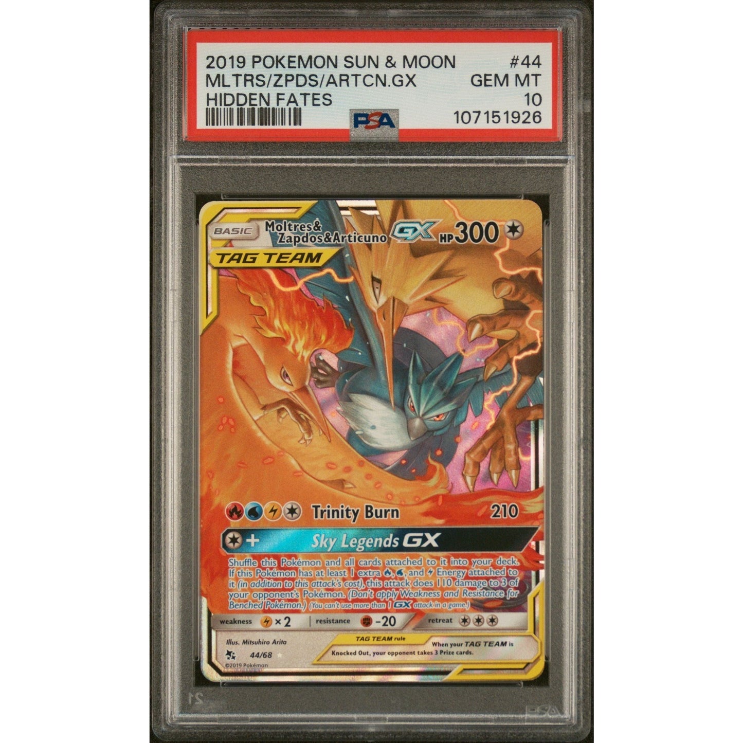 PSA 10 Moltres & Zapdos & Articuno GX 44/68 Hidden Fates Holo