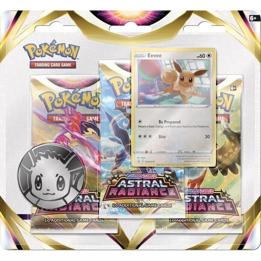 Get your sealed Astral Radiance 3-pack blister with exclusive Eevee promo card. Buy now from Pocket Market for authentic Pokémon TCG packs, fast shipping & top pulls.