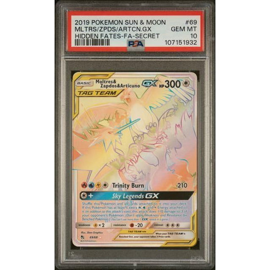 PSA 10 Moltres & Zapdos & Articuno GX (Secret) 69/68 Hidden Fates Holo