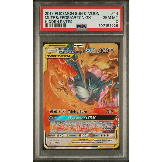 PSA 10 Moltres & Zapdos & Articuno GX 44/68 Hidden Fates Holo